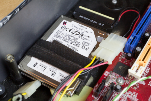 A close up of the 80GB Hitatchi hard drive.